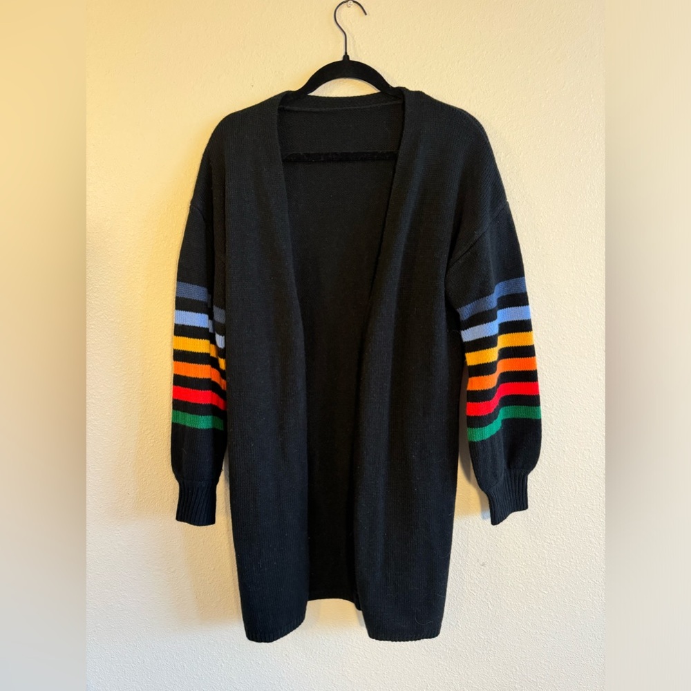 Black Cardigan with Rainbow Striped Sleeve Details - size S